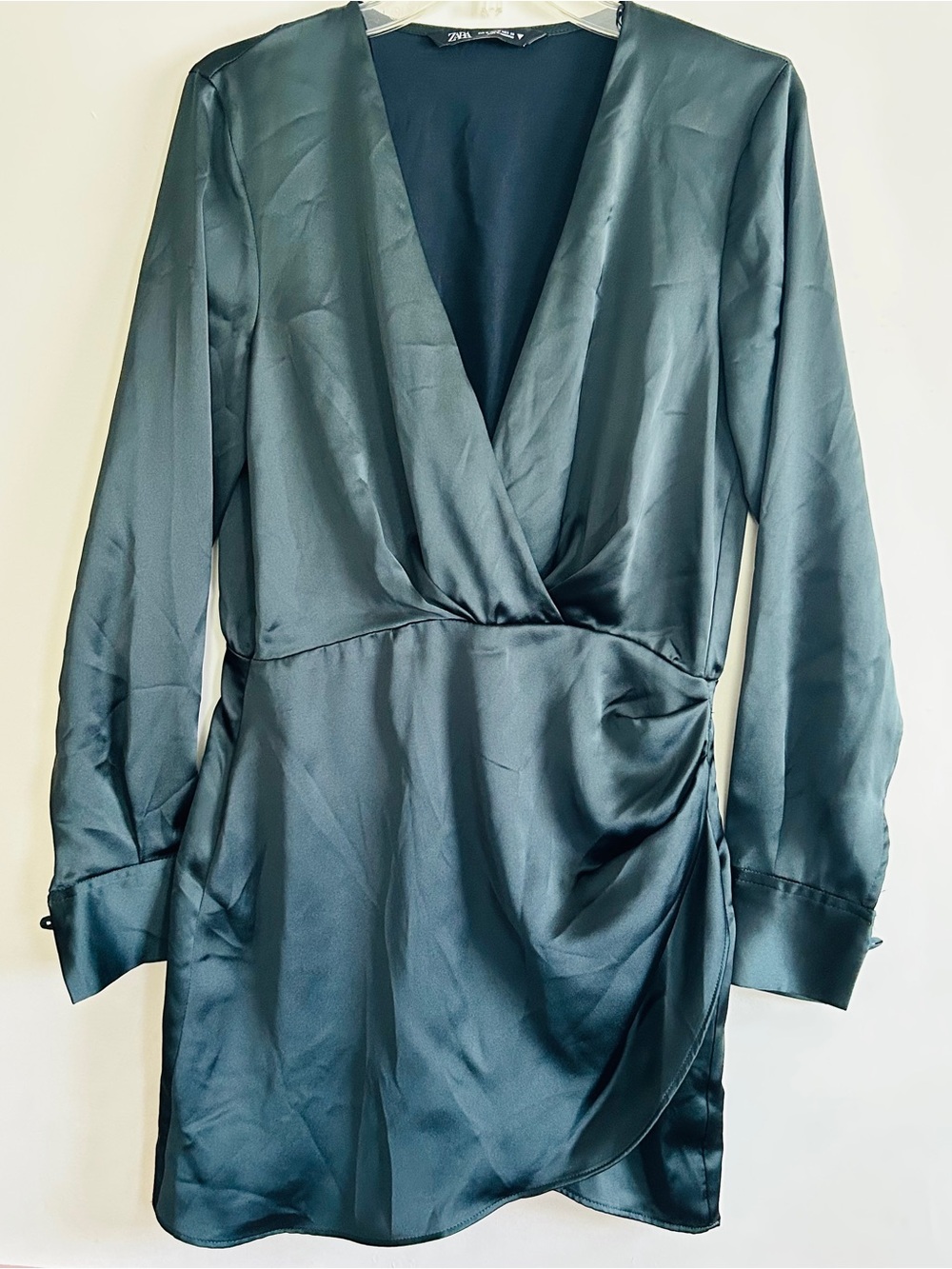 Zara Deep Green Satin Effect Mini Wrap Dress